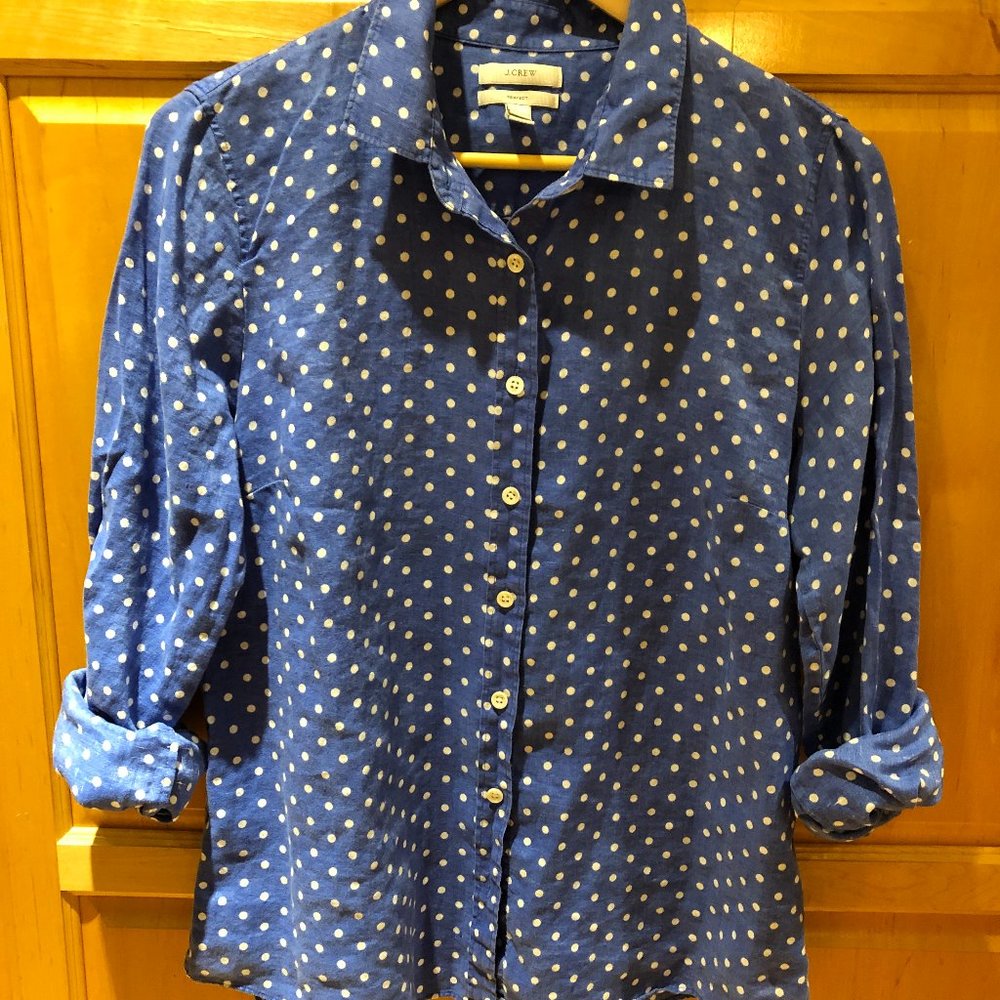 J Crew Linen Shirt - Royal w/ white polka-dots SZ 12